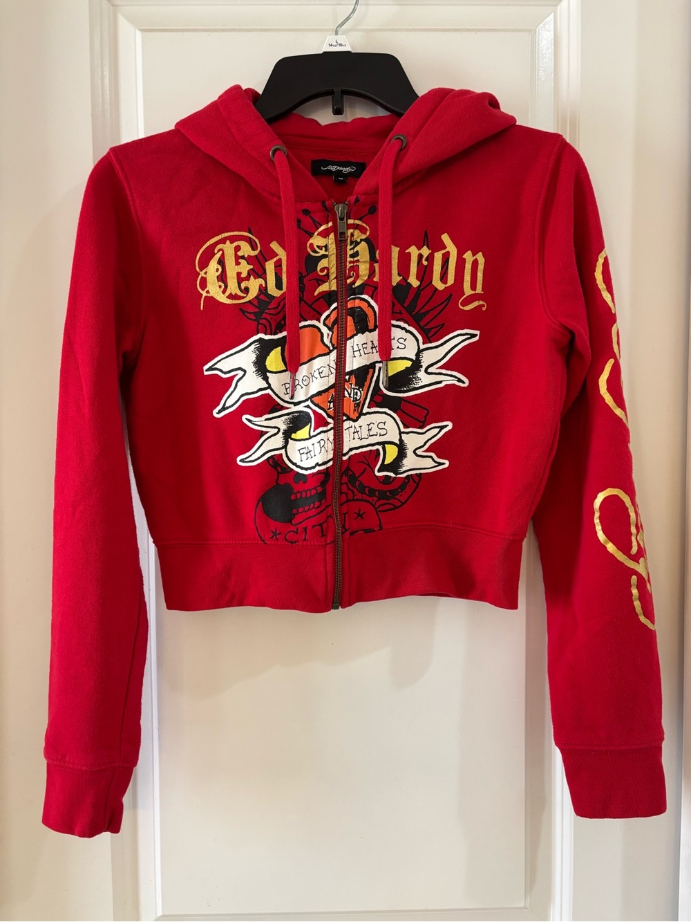 Ed Hardy Red Cropped Zip Hoodie with Tattoo Graphic